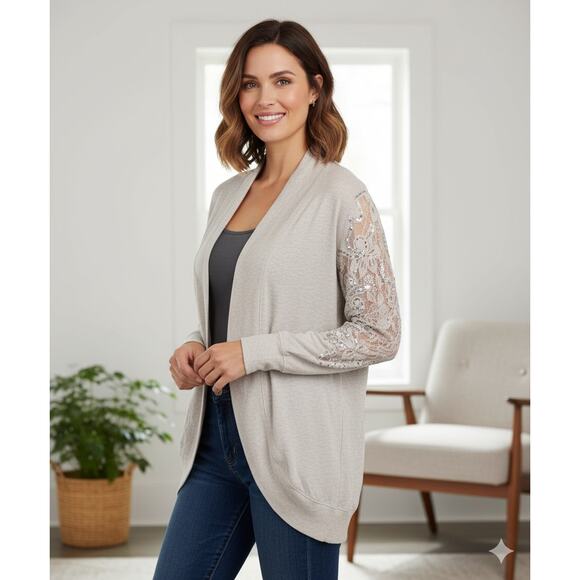 Soft Surroundings Women Medium Beige Open Front Lace Accent Cardigan Sweater - Picture 1 of 7
